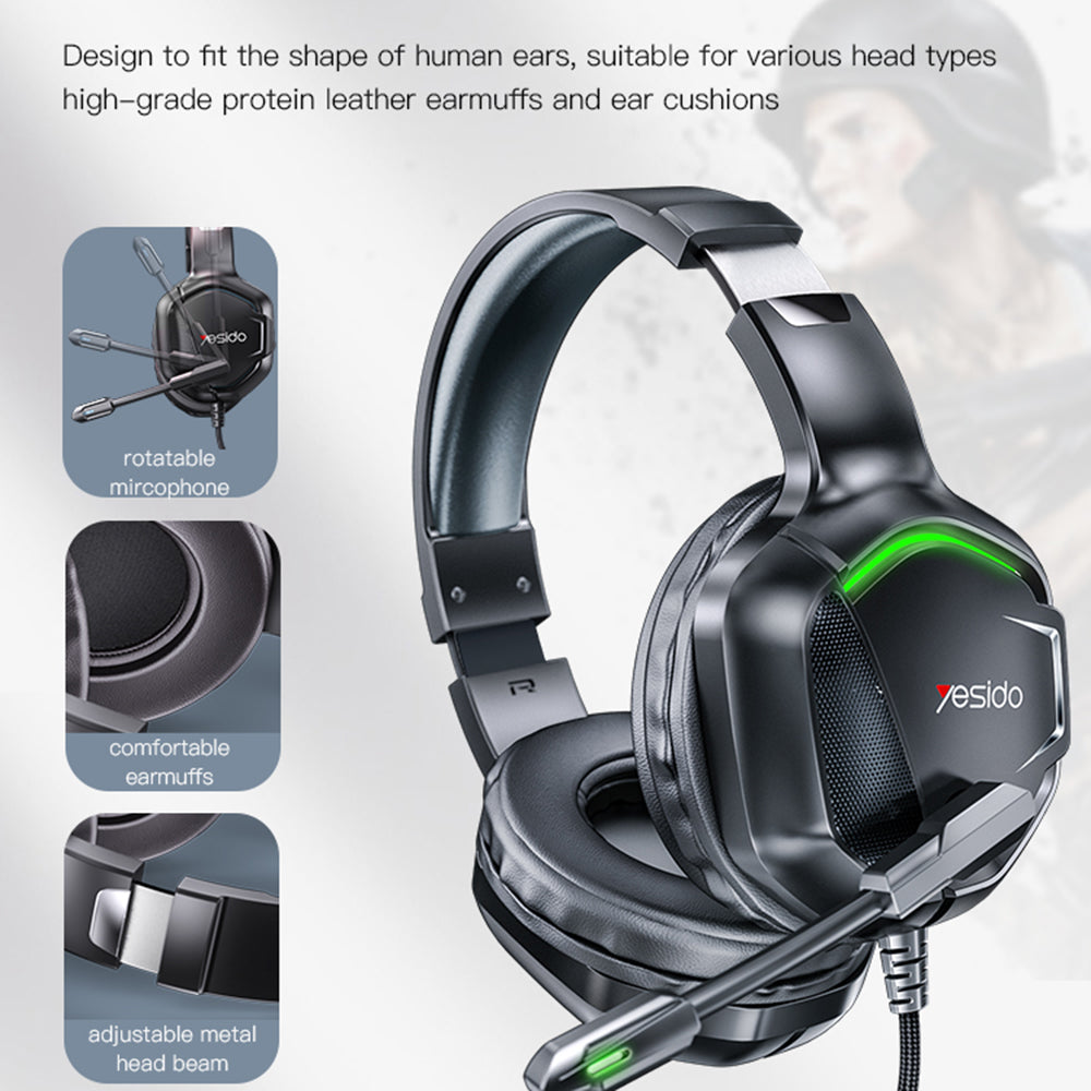YESIDO EK01 Stereo Sound Gaming Headset Hovedtelefon med mikrofon og LED-lysdesign YESIDO EK01 Stereo Sound Gaming Headset Hovedtelefon med mikrofon og LED-lysdesign